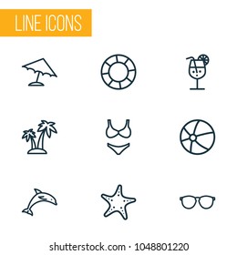 Sun icons line style set with dolphin, drink, sunglasses and other cocktail  elements. Isolated vector illustration sun icons.