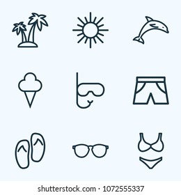Sun icons line style set with bikini, dolphin, sweets and other sunny elements. Isolated vector illustration sun icons.