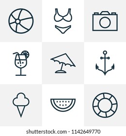 Sun icons line style set with watermelon, parasol, anchor and other lifesaver elements. Isolated vector illustration sun icons.