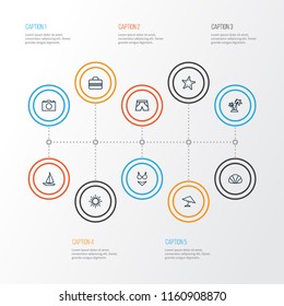 Sun icons line style set with island, shorts, starfish ship  elements. Isolated vector illustration sun icons.