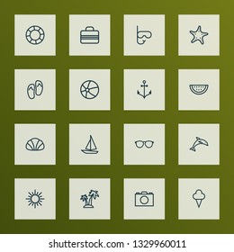Sun icons line style set with watermelon, sunglasses, sail boat and other palm  elements. Isolated vector illustration sun icons.