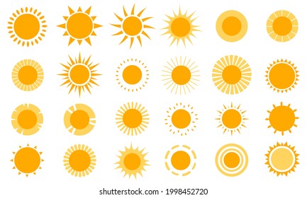 Sun icons. Modern simple seasons signs, summer emblems, sunshine silhouette with different rays style, heat weather symbols. Monochrome yellow solars logos, vector isolated on white set