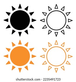 Sun icons. Modern simple seasons signs, summer emblems, sunshine silhouette with different rays style, heat weather symbols. Monochrome yellow solars logos, vector isolated on white set