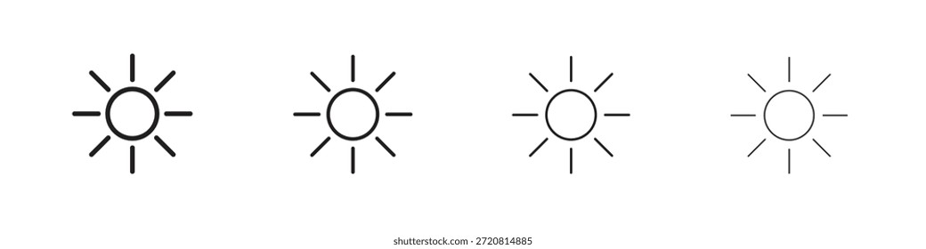 Los iconos del sol delinean el diseño de Vector negro. Línea con trazo editable.