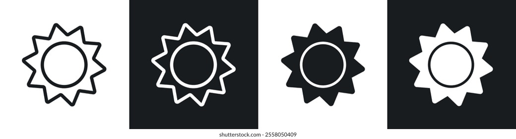 Sun icons pack in black and white filled and outlined versions.