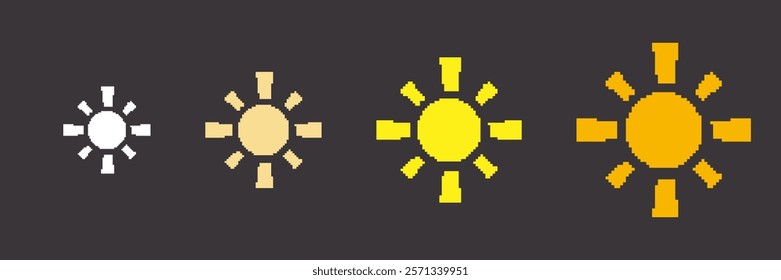 Sun Icons in Pixel Art Style. Various Sun Shapes and Gradient Colors in Retro Pixelated Format. Nostalgic Design. Isolated Vector Illustration.