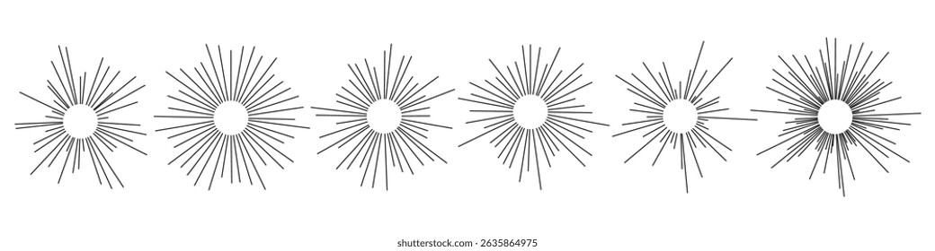 Ícones do Sol com raios radiais. Conjunto de elementos de explosão solar e explosão estelar com espessura e densidade de linha variáveis. Retrô cômico ou vintage gravura estilo raios. Ilustração vetorial abstrata.