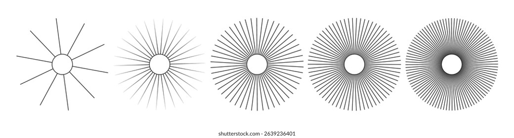 Sun icons with radial rays. Set of sunburst and starburst elements with varying line thickness and density. Retro comic or vintage engraving style rays. Abstract vector illustration.
