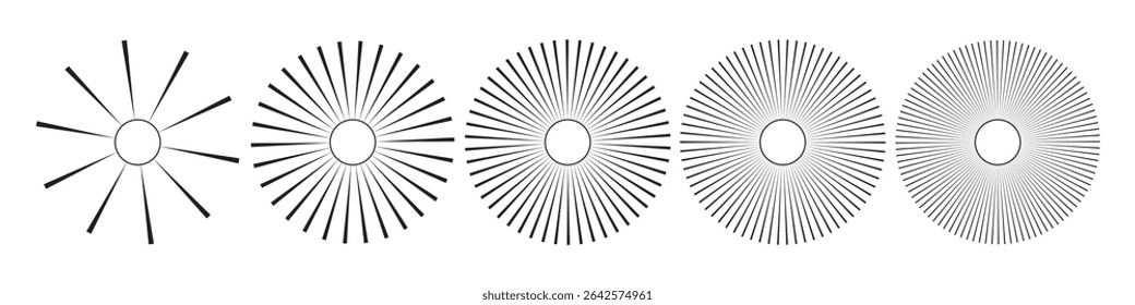 Sun icons with radial rays. Set of sunburst and starburst elements with varying line thickness and density. Retro comic or vintage engraving style rays. Abstract vector illustration.