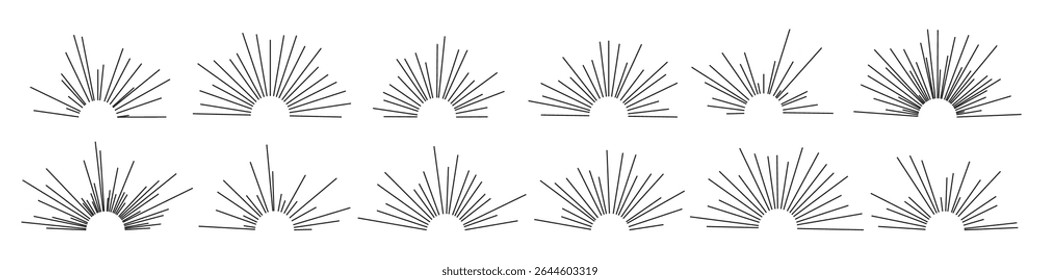 Ícones do Sol com raios radiais. Formas de nascer ou nascer do sol. Conjunto de elementos de explosão solar e explosão estelar com espessura e densidade de linha variáveis. Ilustração vetorial abstrata vintage.
