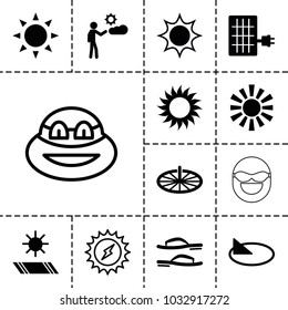 Sun icons. set of 13 editable filled and outline sun icons such as sun, man, flip flops, solar panel, ninja