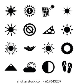 Sun icons set. set of 16 sun filled icons such as sun, pyramid, woman in hammock, no brightness, star, brightness, solar panel