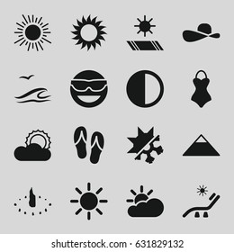 Sun icons set. set of 16 sun filled icons such as pyramid, sunbed, emot in sun glasses, brightness, cold and hote mode, flip flops, swimsuit