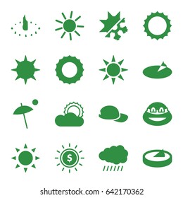 Sun icons set. set of 16 sun filled icons such as sun, ninja, cold and hote mode, umbrella