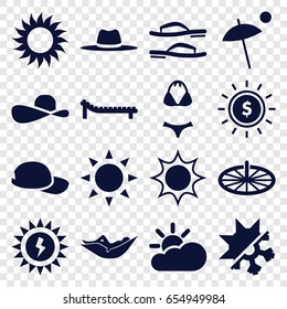 Sun icons set. set of 16 sun filled icons such as sun, woman in hammock, hat, cold and hote mode, umbrella, sunbed, flip flops, swimsuit