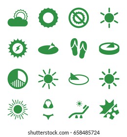 Sun icons set. set of 16 sun filled icons such as sun, sunbed, no brightness, brightness, cold and hote mode, flip flops, swimsuit, sundial
