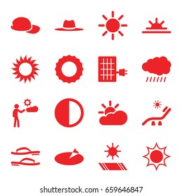 Sun icons set. set of 16 sun filled icons such as sun, sunbed, hat, man, brightness, flip flops, baseball cap