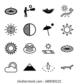 Sun icons set. set of 16 sun filled and outline icons such as pyramid, woman in hammock, man, umbrella, sundial, sun, brightness