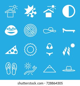 Sun icons set. set of 16 sun filled and outline icons such as ninja, house under sun, brightness, cold and hote mode, sunbed, swimsuit, solar panel, pyramid, hat