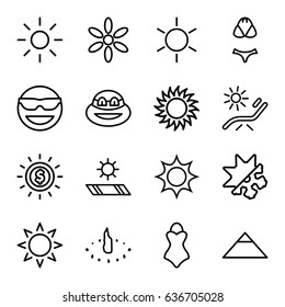 Sun icons set. set of 16 sun outline icons such as sun, pyramid, sunbed, cold and hote mode, swimsuit