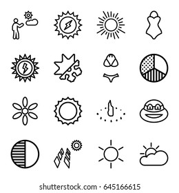 Sun icons set. set of 16 sun outline icons such as sun, man, brightness, cold and hote mode, swimsuit, ninja, solar panel