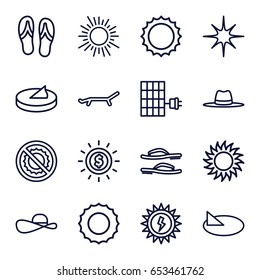 Sun icons set. set of 16 sun outline icons such as sun, hat, no brightness, star, flip flops