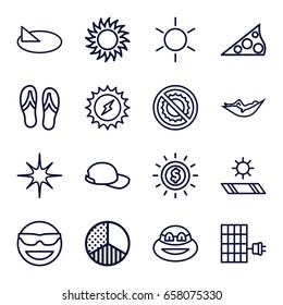 Sun icons set. set of 16 sun outline icons such as sun, woman in hammock, no brightness, star, brightness, flip flops, baseball cap, solar panel