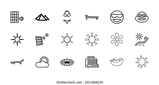 Sun icons. set of 18 editable outline sun icons: sun, sunbed, ninja, star, solar panel, swimsuit, pyramid