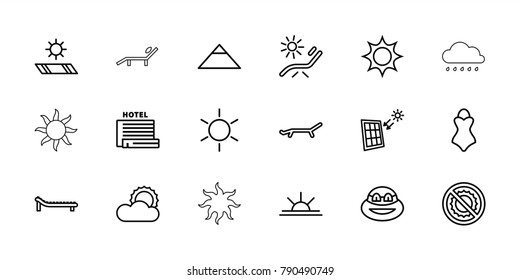 Sun icons. set of 18 editable outline sun icons: sun, pyramid, ninja, no brightness, solar panel