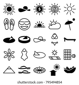 Sun icons. set of 25 editable filled and outline sun icons such as sun, dollar in sun, umbrella, flip flops, pyramid, swimsuit