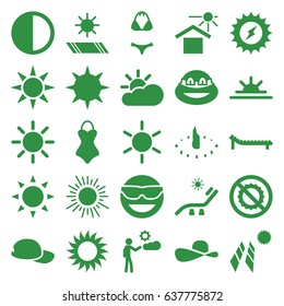 Sun icons set. set of 25 sun filled icons such as sun, sunbed, ninja, no brightness, man, brightness, swimsuit, baseball cap, solar panel