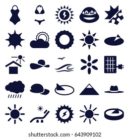 Sun icons set. set of 25 sun filled icons such as sun, pyramid, sunbed, ninja, hat, cold and hote mode, swimsuit, baseball cap, sea and gull, solar panel