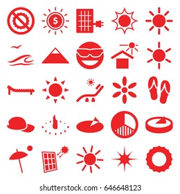 Sun icons set. set of 25 sun filled icons such as sun, pyramid, sunbed, no brightness, star, brightness, solar panel, umbrella, flip flops, baseball cap