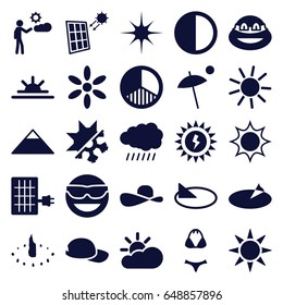 Sun icons set. set of 25 sun filled icons such as sun, pyramid, ninja, man, star, brightness, cold and hote mode, solar panel, umbrella, swimsuit