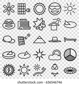 Sun icons set. set of 25 sun outline icons such as sun, pyramid, sunbed, hat, star, brightness, cold and hote mode, solar panel, swimsuit, baseball cap