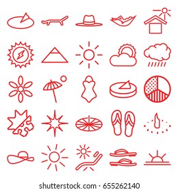 Sun icons set. set of 25 sun outline icons such as sun, pyramid, woman in hammock, sunbed, hat, star, brightness, cold and hote mode, umbrella, flip flops, swimsuit