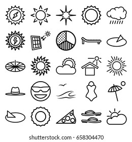 Sun icons set. set of 25 sun outline icons such as sun, hat, house under sun, star, brightness, solar panel, umbrella, flip flops, swimsuit, sea and gull