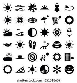 Sun icons set. set of 36 sun filled icons such as sun, woman in hammock, sunbed, ninja, hat, no brightness, brightness, cold and hote mode, solar panel, umbrella, flip flops