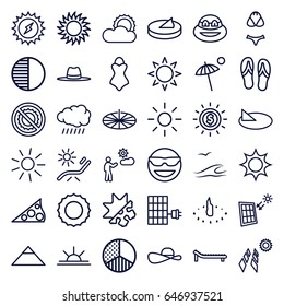 Sun icons set. set of 36 sun outline icons such as sun, pyramid, sunbed, hat, no brightness, man, brightness, cold and hote mode, solar panel, umbrella, flip flops, swimsuit