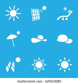 Sun icons set. set of 9 sun filled icons such as sun, solar panel, umbrella