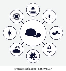 Sun icons set. set of 9 sun filled icons such as star, sun, cold and hote mode, swimsuit