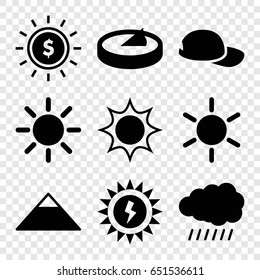 Sun icons set. set of 9 sun filled icons such as sun, pyramid