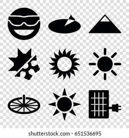 Sun icons set. set of 9 sun filled icons such as pyramid, emot in sun glasses, cold and hote mode