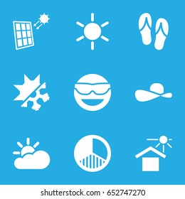 Sun icons set. set of 9 sun filled icons such as brightness, cold and hote mode, solar panel