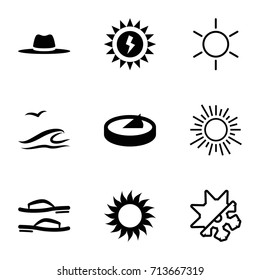Sun icons set. set of 9 sun filled and outline icons such as sun, hat, flip flops, sea and gull