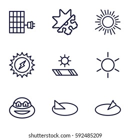 sun icons set. Set of 9 sun outline icons such as sun, cold and hote mode, solar panel, ninja