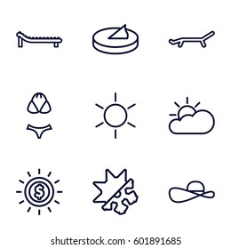 sun icons set. Set of 9 sun outline icons such as sun, cold and hote mode, sunbed