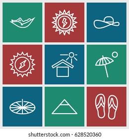 Sun icons set. set of 9 sun outline icons such as pyramid, woman in hammock, house under sun, umbrella, flip flops