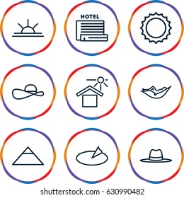 Sun icons set. set of 9 sun outline icons such as pyramid, woman in hammock, hat