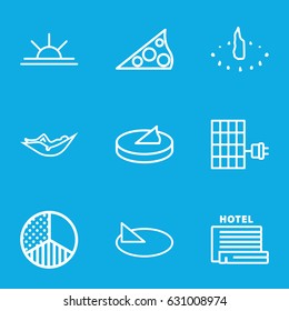 Sun icons set. set of 9 sun outline icons such as woman in hammock, sun rise, brightness